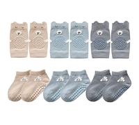 FedMois 3 paires genouillères pour bébé + 3 paires chaussettes antidérapantes en Coton bébé enfant motif animaux, gris, bleu et beige, 9-18 mois