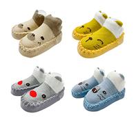 FedMois 4 Paires Chaussettes Pantoufle antidérapantes Chaussons Bébé, Chats et ours, 6-12 mois