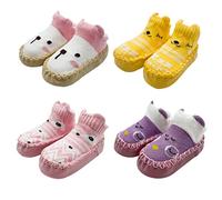 FedMois 4 Paires Chaussettes Pantoufle antidérapantes Chaussons Bébé, Renards et ours, 6-12 mois