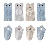 FedMois 4 paires genouillères pour bébé + 4 paires chaussettes antidérapantes en Coton bébé enfant motif animaux, bébé garçon, 0-12 mois