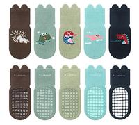 FedMois 5 Paires Chaussettes Antidérapantes en Coton Bébé Enfant Motif Animaux, Dinosaure, 0-1 an