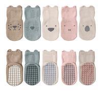 FedMois 5 Paires Chaussettes Antidérapantes en Coton Bébé Enfant Motif Animaux, Multicolore, 1-3 ans