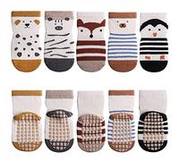 FedMois 5 Paires Chaussettes Antidérapantes en Coton Bébé Enfant Motif Animaux, Pingouins, 5-7 ans