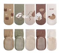 FedMois 5 Paires Chaussettes Antidérapantes en Coton Bébé Enfant Motif Animaux, Poussin, 5-7 ans