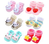 FedMois 6 Paires Chaussettes Antidérapantes en Coton Bébé 3D Motif Animaux, Fille, 0-9 mois