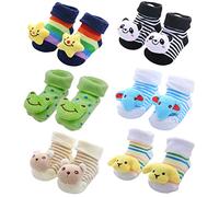 FedMois 6 Paires Chaussettes Antidérapantes en Coton Bébé 3D Motif Animaux, Garçons, 0-9 mois