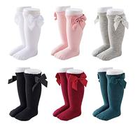 FedMois 6 Paires Chaussettes Hautes Coton Avec Nœud Pour Bébé Fille, 0-1 an