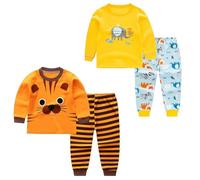 FedMois Ensemble de Pyjama 4 Pièces en Coton Manches Longues pour Garçon Fille, Tigre et Éléphant, 3-4 Ans