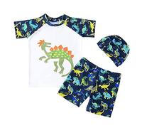 FedMois Maillot de Bain Bébé Garçon 3 pièces Combinaison Anti UV T-Shirt + Shorts + Bonnet de Bain, Dinosaures Blanc, 4-5 Ans