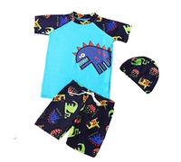 FedMois Maillot de Bain Bébé Garçon 3 pièces Combinaison Anti UV T-Shirt + Shorts + Bonnet de Bain, Dinosaures Bleu, 5-7 Ans