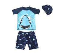 FedMois Maillot de Bain Bébé Garçon 3 pièces Combinaison Anti UV T-Shirt + Shorts + Bonnet de Bain, Requin Bleu, 2-3 Ans