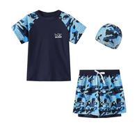 FedMois Maillot de Bain Garçon 3 pièces Combinaison Anti UV T-Shirt + Shorts de Bains avec Doublure de Compression + Bonnet de Bain, Bleu, 7-9 Ans