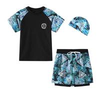 FedMois Maillot de Bain Garçon 3 pièces Combinaison Anti UV T-Shirt + Shorts de Bains avec Doublure de Compression + Bonnet de Bain, Vert, 9-11 Ans