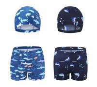 FedMois Maillot de Bain Garçon 4 pièces Combinaison, 2 Short de Bain + 2 Bonnet de Bain, Requins et Poissons, 9-11 Ans