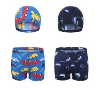 FedMois Maillot de Bain Garçon 4 pièces Combinaison, 2 Short de Bain + 2 Bonnet de Bain, Requins et Voitures, 9-11 Ans