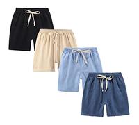 FedMois Shorts en Coton Garçon, Lot de 4, Noir, Bleu, Beige et Bleu Foncé, 3-4 Ans