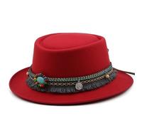 Fedora Chapeau classique en feutre doux pour homme Chapeau de laine à bord incurvé pour fêtes, Rouge, 55-58CM adjustable