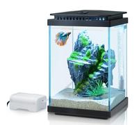 FEDOUR Petit aquarium en verre de 3,8 l, aquarium de bureau Betta, mini kit de démarrage avec pompe à air, lumière LED, changeur d'eau, filet de poisson (noir)