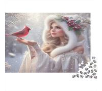 Fée d'hiver et Cardinal - Puzzle 1000 pièces pour Adultes Une Femme Tient Un Cardinal Rouge Jeu de Puzzle Stimulant et captivant pour Adultes 38 x 26 cm / 1000 pièces