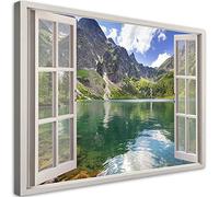 Feeby 1 pièces Tableau Photo 90x60 cm Paysage Montagnes Lac Fenêtre Image décoration Murale Tableau Déco Mural Salle De Séjour Nature Forêt Arbre Vert