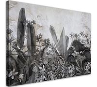 Feeby 1 pièces Tableau sur toile XXL 100x70 cm Plantes tropicales Monstera Jungle Feuilles exotiques Art Image Deco Image Photo Graphique Tableux Couloir Abstraction Nature Texture noir et blanc
