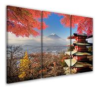 Feeby 3 pièces Impression sur toile 90x60 cm Mont Fuji Volcan Pagode Japon Tableau Moderne Tableau Photo Chambre à Coucher Des nuages Ciel bleu Asie Feuilles rouges multicolore