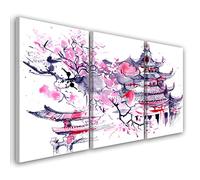 Feeby 3 pièces Impression sur Toile Intissé 120x60 cm Cerisier en fleurs Pagode Japon Image décoration Murale Design Chambre d'enfant Oriental Est Asie rose