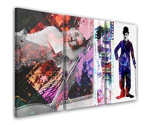 Feeby 3 pièces Impression sur Toile Intissee 120x80 cm Charlie Chaplin Portrait Abstraction Art Image Deco Artistique Salon Esthétique Comédien Culture pop Acteur violet