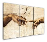 Feeby 3 pièces Tableau sur toile XXL 120x80 cm La création d'Adam Michel-Ange Reproduction Art Image Deco Image Photo Graphique Tableux Couloir Mains Voûte Chapelle Sixtine beige