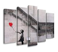 Feeby 5 pièces Impression sur Toile Intissé 150x100 cm Art de rue Graffiti Banksy Image Moderne Tableau Déco Mural Salle De Séjour Murale Fille avec un ballon gris