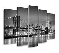 Feeby 5 pièces Impression sur Toile Intissé 150x100 cm Manhattan New York Le pont de Brooklyn Image Moderne Tableau Déco Mural Salle De Séjour Fleuve Immeubles Grattes ciels Ciel noir et blanc