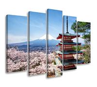 Feeby 5 pièces Impression sur Toile Intissee 200x100 cm Japon Mont Fuji Pagode Volcan Tableau Moderne Tableau Photo Chambre à Coucher Cerisier Asie Ciel bleu bleu
