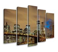 Feeby 5 pièces Impression sur Toile Intissee 200x100 cm Pont de Brooklyn NY USA Tableau Moderne Tableau Photo Chambre à Coucher New York City Manhattan by Night Skyline Gratte-ciel beige