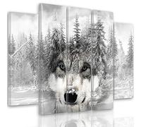 Feeby Frames, Multi Panneau 5 Parties, Tableau Imprimé XXL sur Toile, Deco Pentaptyque (Loup, Forêt, Neige) 200x100 cm, Type B
