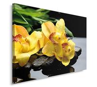 Feeby Frames, Tableau imprimé xxl, Tableau imprimé sur toile, Tableau deco, Canvas 30x40 cm, COMPOSITION, ZEN, ORCHIDÉE, EAU, GALETS, JAUNE, NOIR, SPA