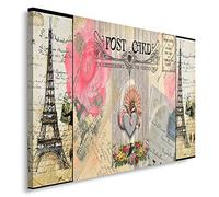 Feeby Frames, Tableau imprimé xxl, Tableau imprimé sur toile, Tableau deco, Canvas 60x80 cm, VINTAGE, CARTE POSTALE, PARIS, CŒUR, TOUR EIFFEL, FLEURS, ROSE, BEIGE