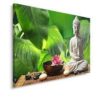 Feeby Frames, Tableau imprimé xxl, Tableau imprimé sur toile, Tableau deco, Canvas 70x100 cm, BOUDDHA, CULTURE, ZEN, MODERNE, FEUILLE, VERT, BOUGIES