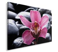 Feeby Frames, Tableau imprimé xxl, Tableau imprimé sur toile, Tableau deco, Canvas 80x120 cm, COMPOSITION, ZEN, ORCHIDÉE, EAU, GALETS, ROSE, NOIR, SPA
