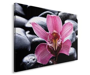 Feeby Frames, Tableau imprimé xxl, Tableau imprimé sur toile, Tableau deco, Canvas 80x120 cm, COMPOSITION, ZEN, ORCHIDÉE, EAU, GALETS, ROSE, NOIR, SPA