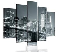 Feeby Frames, Tableau multi panneau 5 parties, Tableau imprimé xxl, Tableau imprimé sur toile, Tableau deco, Pentaptyque Type A, 100x150 cm, PONT, VILLE, NUIT, NEW YORK, BROOKLYN BRIDGE, NOIR ET BLANC