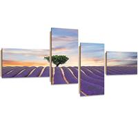 Feeby Frames, Tableau mural - 4 parties - Tableau Déco, Tableau imprimé, Tableau Deco Panel, Type Z, 130x70 cm, PROVENCE, VUE, CHAMP, LAVANDE, ARBRE, CIEL, BLEU, VIOLET, VERT