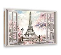 Feeby Image Panneau Déco XXL Tour Eiffel Fenêtre Vue 3D 120x80 cm 1 pièce Tableaux Tableau Mural Image Photo Moderne Décoration Murale Artistique Photographie Design Chambre Salon Cuisine Rose