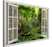 Feeby Impression sur Intissé Jungle Tropical Plantes Exotiques 120x80 cm Tableau Moderne Image Graphique Couloir Fenêtre Ouverte 3D Illusion Vert