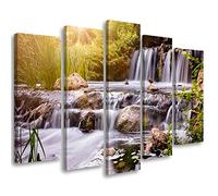 Feeby Impression sur toile 200x100 cm Cascade Nature Chute d'eau 5 pièce Tableaux Tableau Mural Image Photo Décoration Murale Artistique Photographie Design Salon Forêt Eau Des rochers blanc