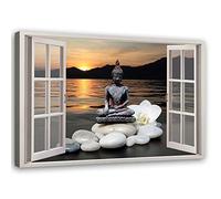 Feeby Impression sur Toile Bouddha Fenêtre Vue 3D 90x60 cm 1 pièce Tableaux Tableau Mural Image Photo Moderne Décoration Murale Artistique Photographie Design Chambre Salon Cuisine Multicolore