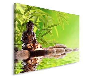 Feeby Impression Sur Toile Bouddha Méditation 100x70 cm 1 pièce Tableaux Image Moderne Photo Artistique Photographie Design Chambre Salon Cuisine Zen Bambous Galets Composition Spa Vert Brun