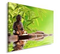 Feeby Impression Sur Toile Bouddha Méditation Zen XXL 120x80 cm 1 pièce Tableaux Image Photo Décoration Murale Artistique Photographie Chambre Salon Cuisine Bambous Galets Composition Spa Vert Brun