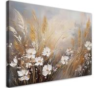 Feeby Impression sur toile - Champ d'herbes Fleurs Boho Beige - decoration chambre - 120x80 cm - decoration murale - decoration maison - Moderne - ART - poster mural