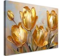 Feeby - Impression sur Toile - Déco Murale Pour le Salon et la Chambre - Tulipes dorées Fleurs peintes - 115x70 1partie - Tableau Mural - Peintures sur Toile - Modern Canvas - Wall Art
