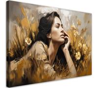 Feeby Impression sur toile - Femme allongée sur une prairie Fleurs or - decoration chambre - 115x75 cm - decoration murale - decoration maison - Moderne - ART - poster mural